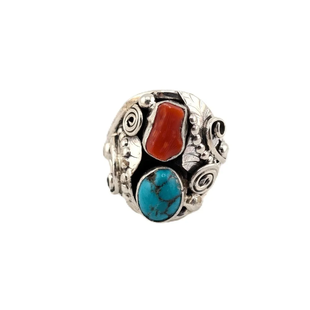 Heavy Sterling Silver Turquoise Coral Signet Ring Size 11 US**